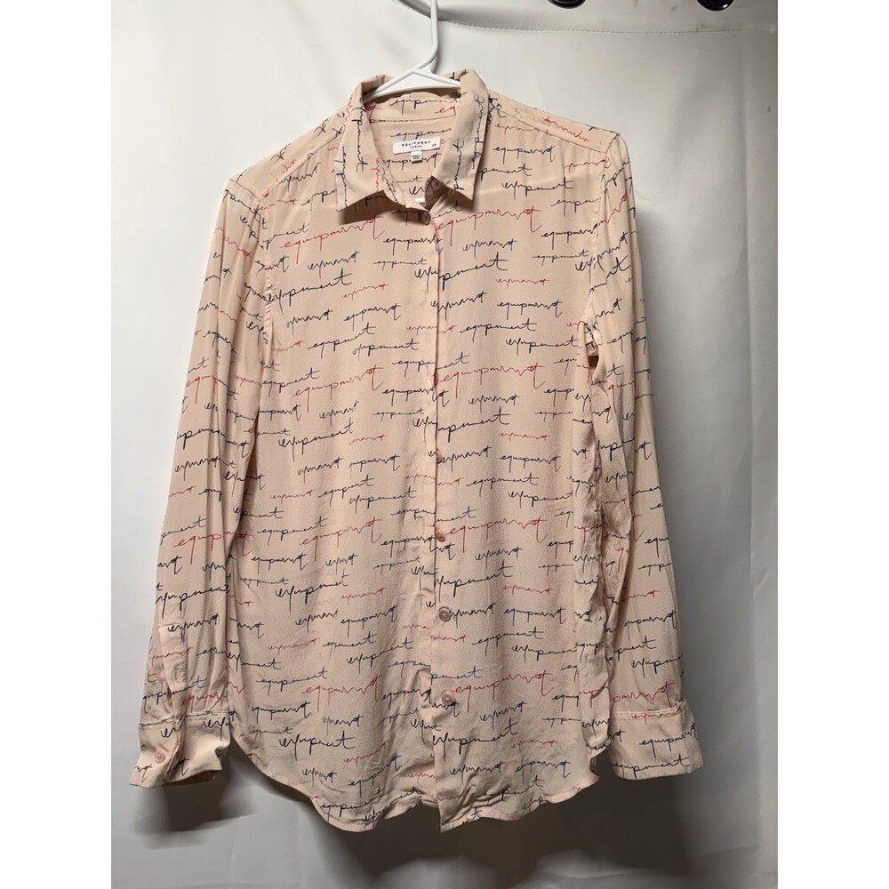 Equipment Femme Size S Pink 100% Silk Cursive Logo Script Button Down Shirt